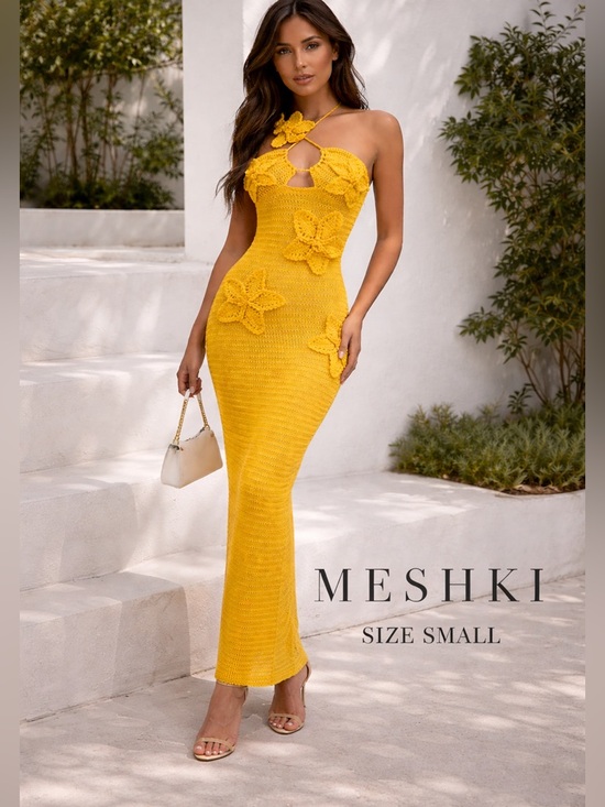 Meshki Dresses & Skirts - Meshki Kyla Crochet orange Halter Maxi Dress Sz small Floral Applique boho
